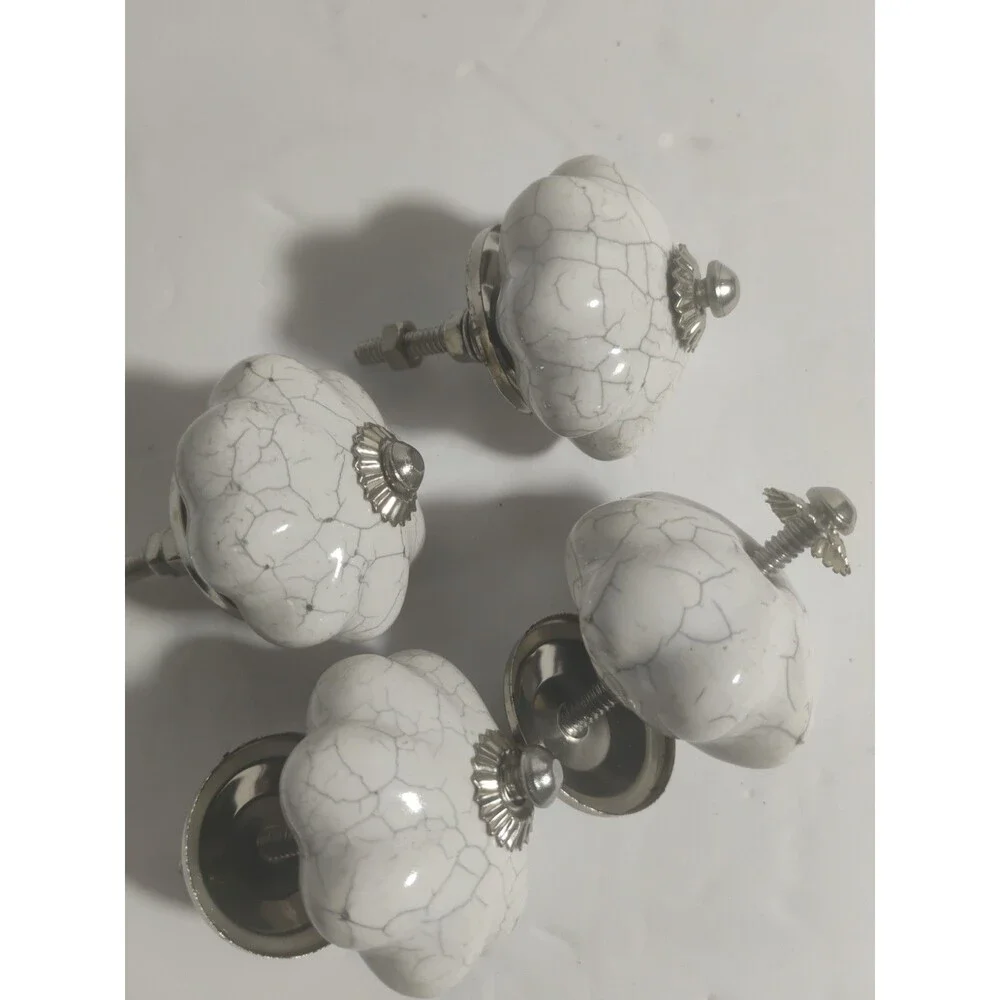 Lot of 4 Vintage Style White Crackle Glaze Ceramic Melon Cabinet Knobs Pulls